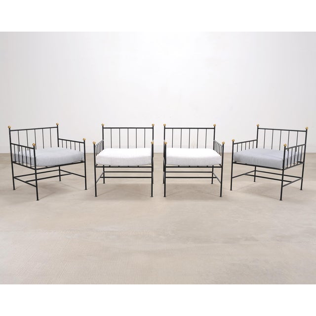 Set of Four French Modernist Iron Brass Ball Finial Lounge Chairs For Sale - Image 4 of 18