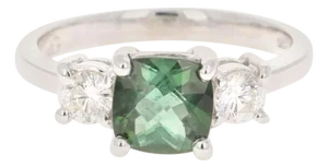 1.80 Carat Green Tourmaline Diamond Ring 14 Karat White Gold Three-Stone Ring, Size 7.5