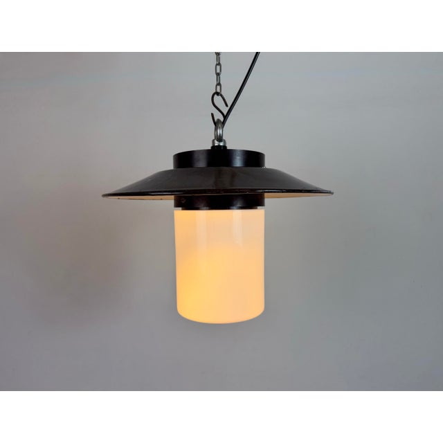 Industrial Grey Enamel Pendant Lamp with Milk Glass from Elektrosvit, 1960s For Sale - Image 17 of 18