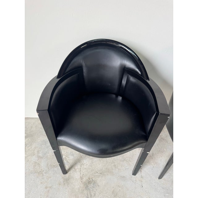 1980’s Italian Art Deco Postmodern Black Lacquer & Leather Club Chairs – Pair/ Sold For Sale In Miami - Image 6 of 12