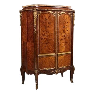 French Louis XV Bronze Mounted Rosewood Marble Top Cabinet Adjustable Shelves For Sale