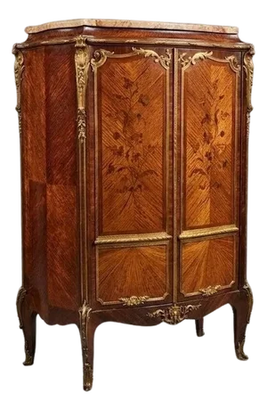 French Louis XV Bronze Mounted Rosewood Marble Top Cabinet Adjustable Shelves