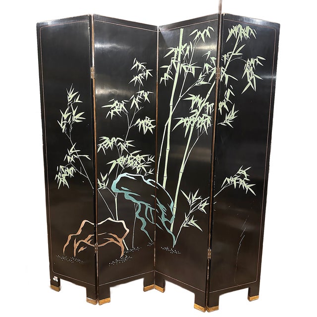 1970s Vintage Panel Chinoiserie Gold Leaf Bird & Botanical Ebonized Folding Screen For Sale - Image 5 of 5