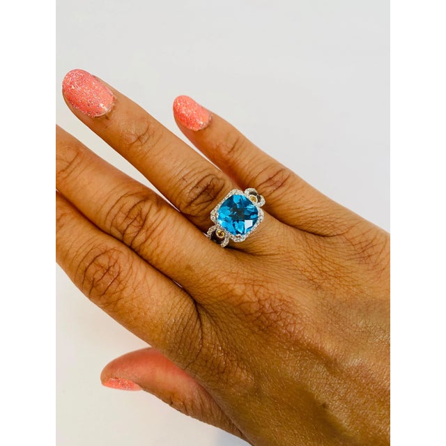 Blue 4.61 Carat Blue Topaz Sapphire Diamond White Gold Cocktail Ring For Sale - Image 8 of 8