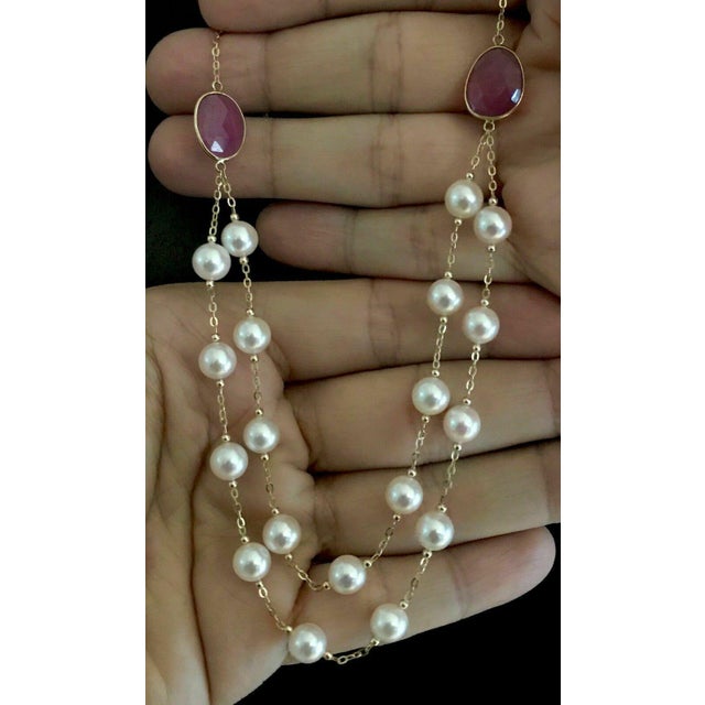 Akoya Pearl Ruby Necklace 14k Gold Certified For Sale - Image 4 of 9