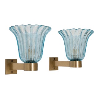1950s Mid-Century Modern Murano Glass Sconces Brass Wall Lights Barovier & Toso - Pair For Sale