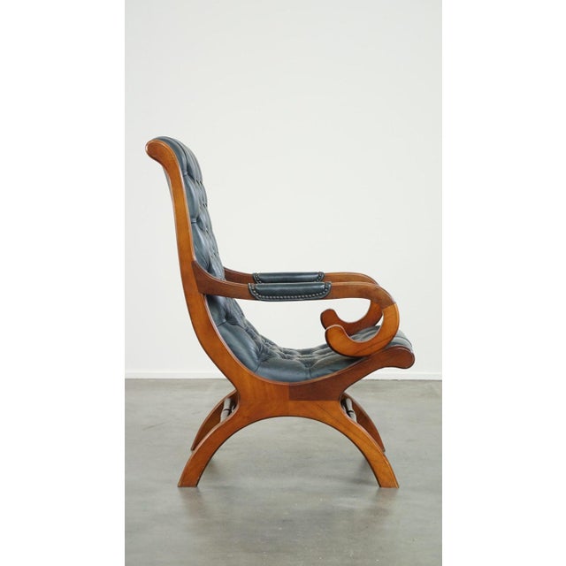 Dark Blue Chesterfield Armchair in Leather and Combined with Wood For Sale - Image 3 of 14