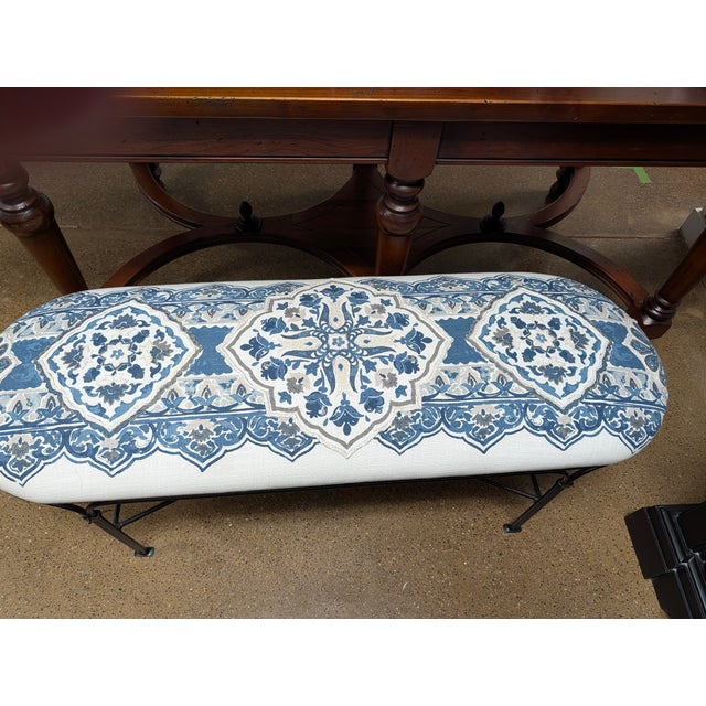 Black Custom Blue & White Chinoiserie Upholstered Bench With Black Iron Base For Sale - Image 8 of 8