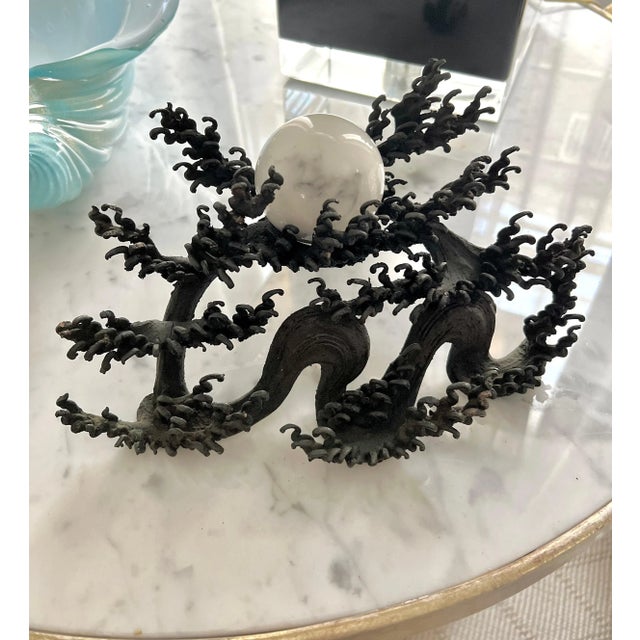 19th Century Signed Japanese Meiji Bronze Wave with Carrera Marble Sphere For Sale - Image 4 of 10