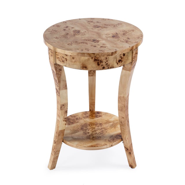 Holdin 18 in. W Round Wood Side Table with Lower Open Shelf, Light Burl For Sale - Image 9 of 9