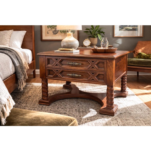 Spanish Revival Pair of Solid Oak Spanish Revival Nightstands With Barley Twist Legs – Mediterranean Carved End Tables – 1970s For Sale - Image 3 of 12