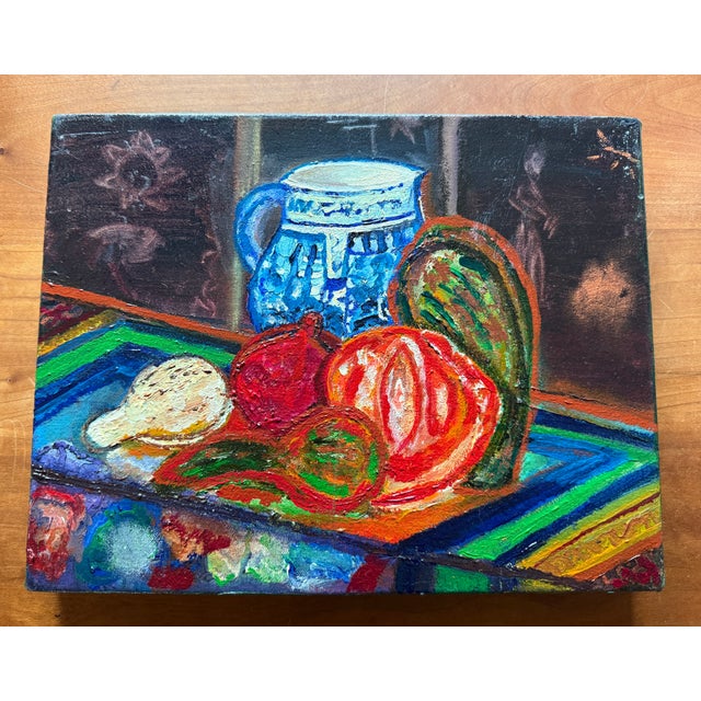 Colorful Still Life With Blue Pitcher, Oil Painting For Sale In Houston - Image 6 of 12