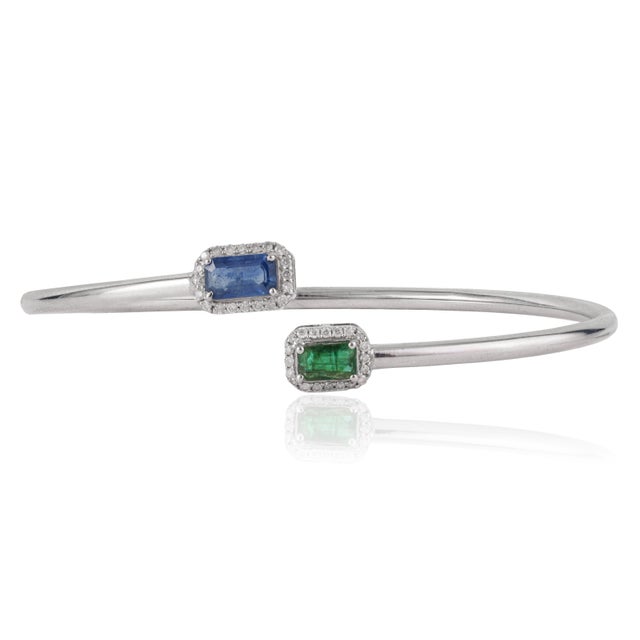 Contemporary Emerald & Blue Sapphire Toi Et Moi Open Cuff Bangle in Silver With Diamond Accents For Sale - Image 3 of 14