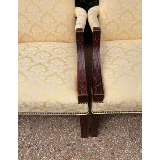 Traditional Pale Buttercream Yellow Damask Carved Mahogany Martha Washington Library Living Room Chairs, a Pair For Sale - Image 10 of 12