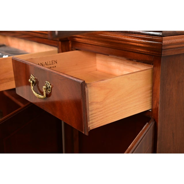Brown Ethan Allen Georgian Inlaid Mahogany Lighted Breakfront Bookcase Cabinet For Sale - Image 8 of 14