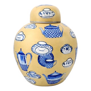 Vintage Yellow Blue & White Porcelain Ceramic Ginger Jar With Teapots Cups and Saucer Design For Sale