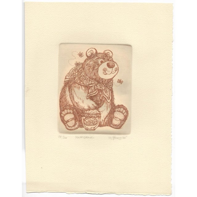 Etching by Colorado artist Marsha Howe, "Honeybear" pencil signed, dated 1985 and numbered 98 of 300. Sheet size: 10 x 8...
