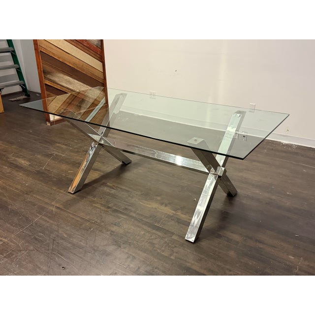 Chrome X-Base Dining Table With Tempered Glass Top For Sale - Image 10 of 12