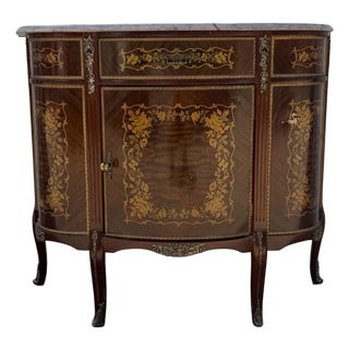 Vintage Louis XV Style Marquetry Bombe Cabinet With Marble Top For Sale