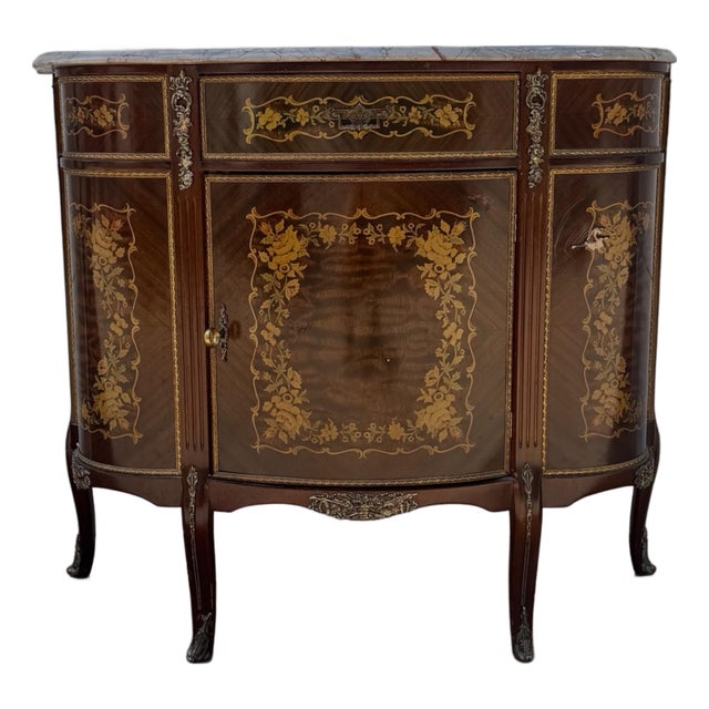 Vintage Louis XV Style Marquetry Bombe Cabinet With Marble Top For Sale