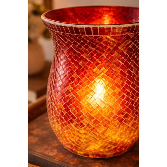 Large Red to Amber Mosaic Glass Hurricane Candle Holder – Oversized Decorative Votive For Sale - Image 4 of 6