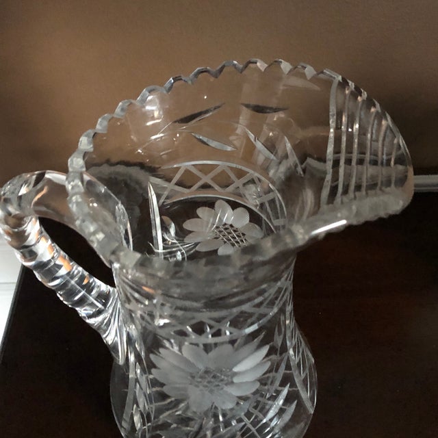 Vintage Etched Floral Daisy Cut Glass Crystal Pitcher Chairish