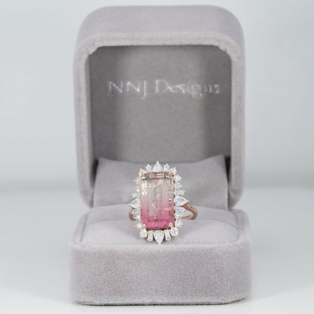 Contemporary 9.2Ct Bi-Color Tourmaline Ring With Lab Diamond Accents: Solid 14k Gold, 16x9mm, Size 6.75 For Sale - Image 3 of 9