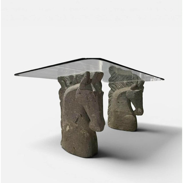 Vintage Custom Chisled Stone/Concrete Horse Head, Glass Top Desk/Table For Sale - Image 4 of 13