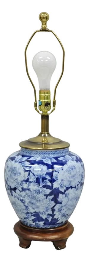 Vintage Chinoiserie Blue White Porcelain Flowers Oriental Ginger Jar Table Lamp