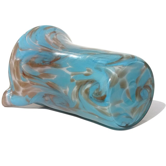 Vintage Murano Fratelli Toso Blue Copper Aventurine Flecks Swirling Clouds Italian Art Glass Flower Vase For Sale - Image 9 of 9