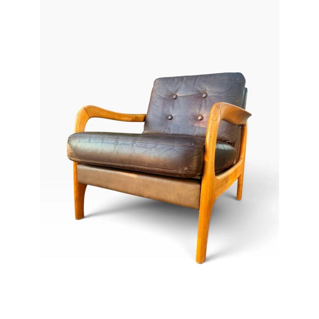 Pair of Danish Modern Leather Lounge Chairs | Sculpted Maple Frames | Brown Leather With Tufted Backs | C. 1960s For Sale - Image 10 of 18