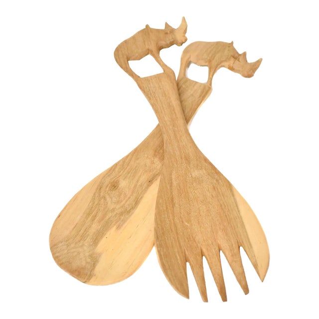 Early 20th Century Rhino Serving Spoon and Fork Set Kenya For Sale