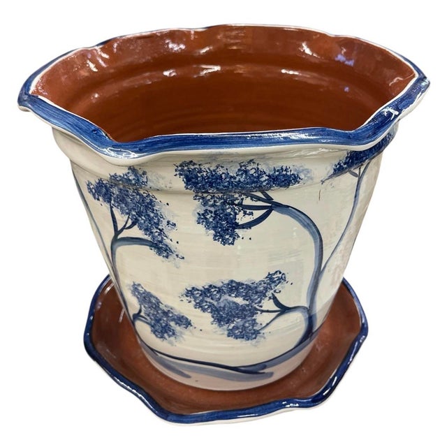 Hand-Painted Italian Style Ceramic Planter & Saucer With Animal & Botanical Motif For Sale In West Palm - Image 6 of 12