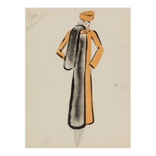 Vintage French Fashion Art Print – Golden Yellow Coat Illustration, 24" X 32" For Sale