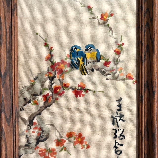 Vintage Asian Inspired Handmade Needlepoint Birds and Blossoms Framed Textile Wall Art For Sale - Image 4 of 5