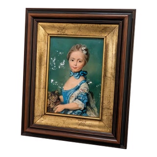 Vintage Framed Hand-Painted Metal Portrait Plaque, After Perronneau, Girl With Kitten For Sale