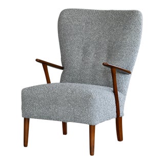 Danish 1950s Highback Lounge Chair in Grey Boucle Newly Upholstered For Sale