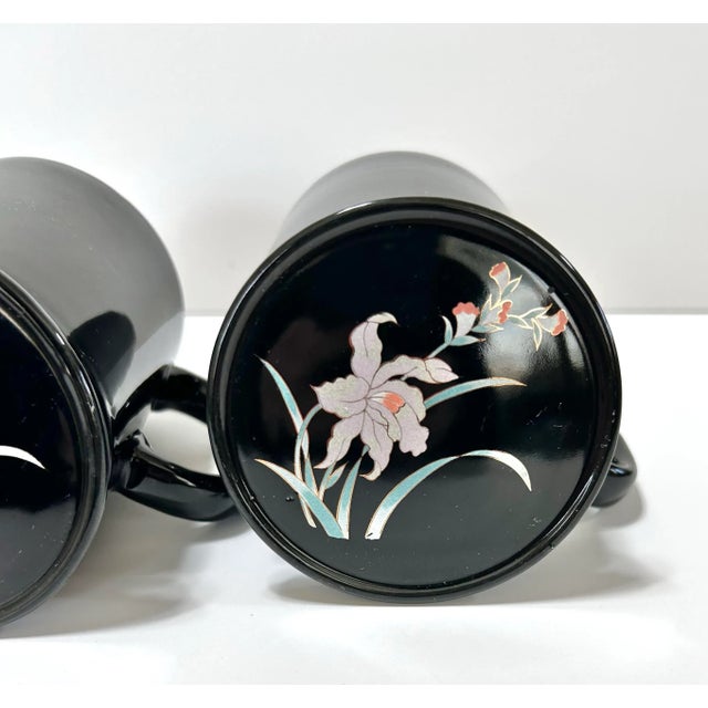 1980s Iris Flower Black Coffee/Tea Mugs & Lids - Set of 2 For Sale - Image 11 of 11