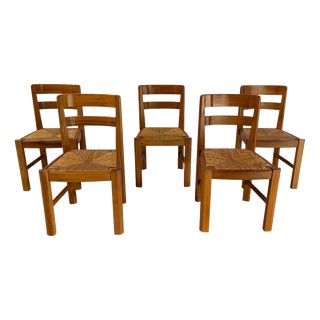 Vintage Oak and Wicker Dining Chairs, 1960s, Set of 5 For Sale