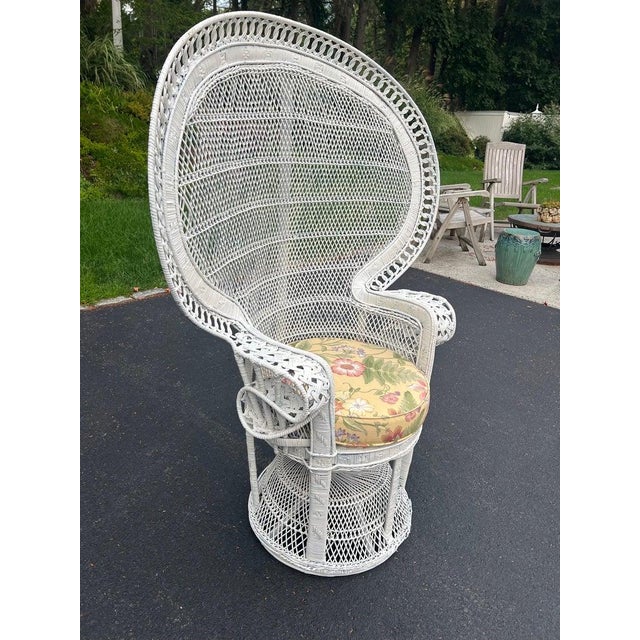 Wood 1970s Emmanuel Peacock Throne Chair, White Wicker With Cushion For Sale - Image 7 of 18