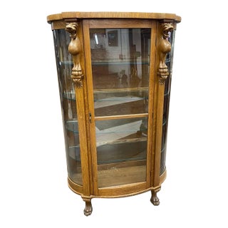 Antique Tiger Oak, Lighted Curio Cabinet, Four Glass Shelves, Hand Carved, Glass Door For Sale