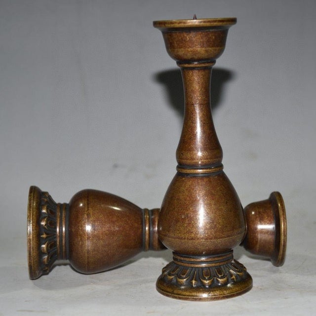 Mid 20th Century Pair of Vintage Chinese Solid Copper "Bulbous" Candlesticks With Lotus Bases - 879g For Sale - Image 5 of 9