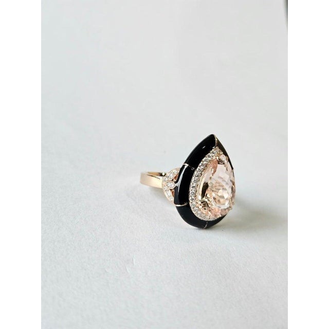 Set in 18k Rose Gold, Morganite, Black Enamel & Diamonds Engagement Ring, Us Size 6 For Sale - Image 9 of 10