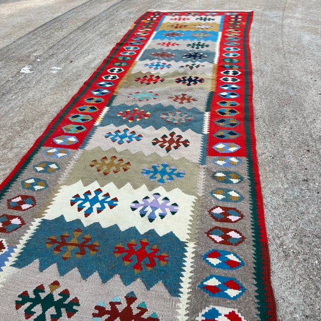Boho Chic Vintage Floral Design Flatweave Kilim Runner For Sale - Image 3 of 8