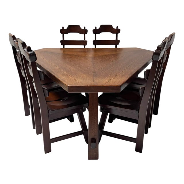 Brutalist Oak Dining Room Table and Chairs, 1970s, Set of 7 For Sale