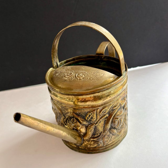 1940s Vintage Embossed Brass Floral Watering Can With Roses For Sale - Image 5 of 11