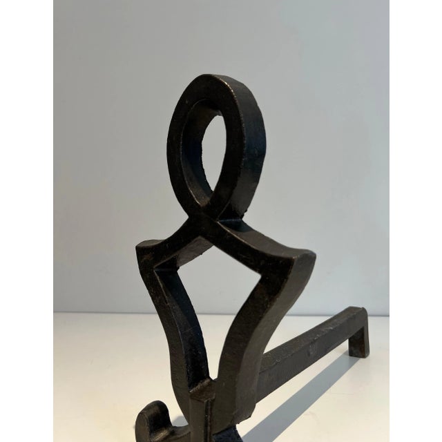 Modernist Cast Iron and Wrought Iron Andirons by Raymond Subes - A Pair For Sale - Image 9 of 13