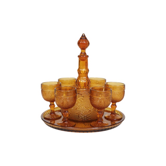 Mid-Century Modern Indiana Glass Amber Decanter Set, 8 Pieces For Sale - Image 3 of 7