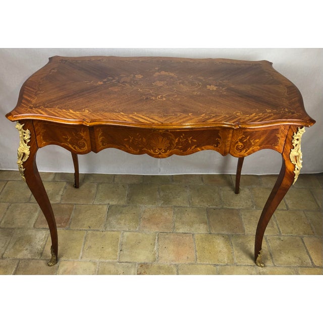 19th Century French Louis XV Style Floral Marquetry and Gilt Bronze Writing Desk For Sale - Image 4 of 12
