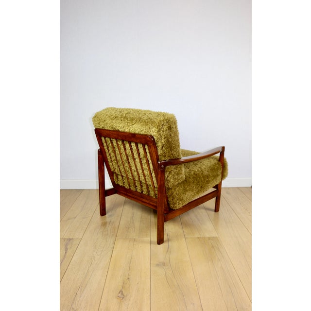 1970s Vintage Wooden Armchair with Khaki Long Hair Upholstery by Z. Bączyk, 1970s For Sale - Image 5 of 13